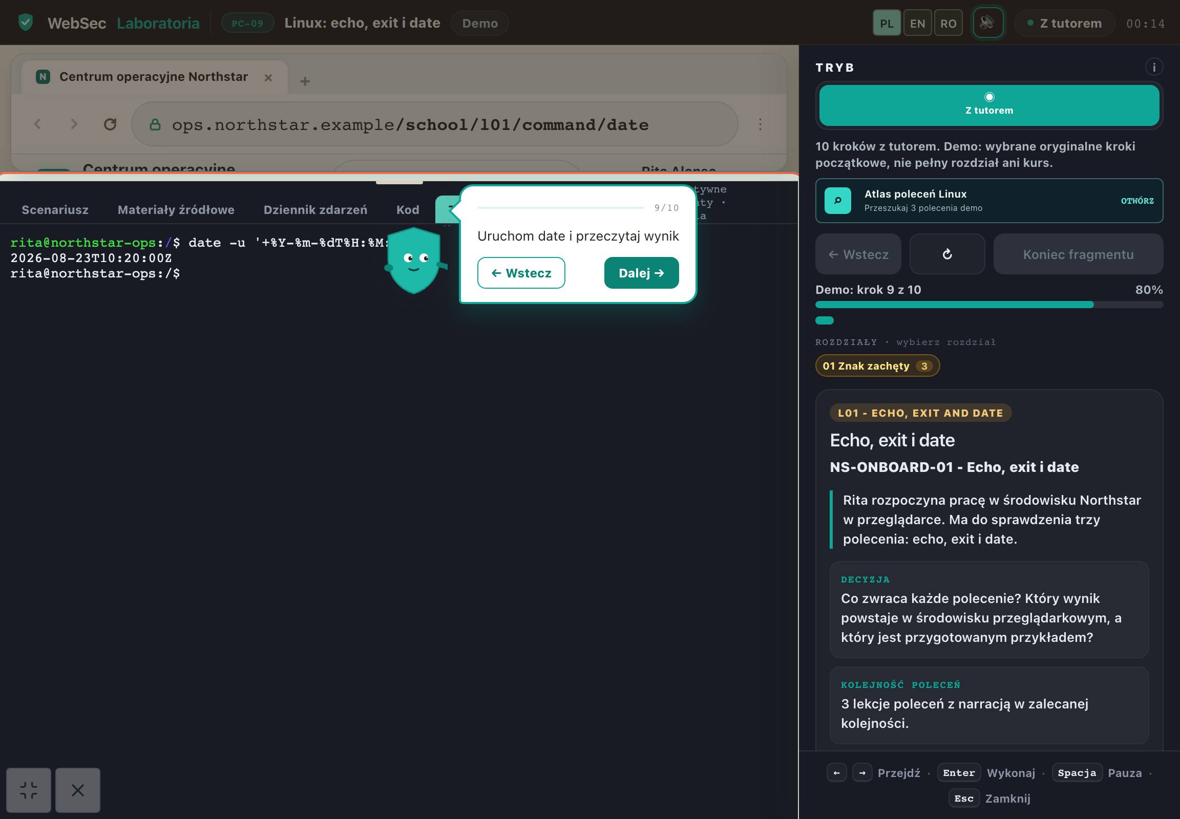 Zrzut ekranu z demo: Linux: echo, exit i date