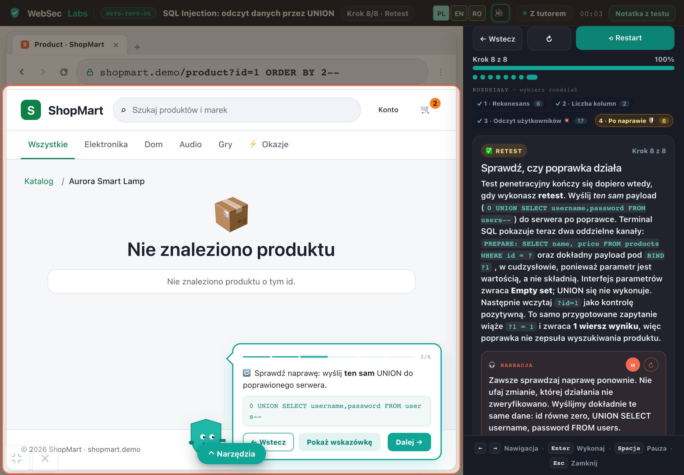Laboratorium w trakcie ćwiczenia: podatny kod zapytania obok wstrzykniętego UNION SELECT